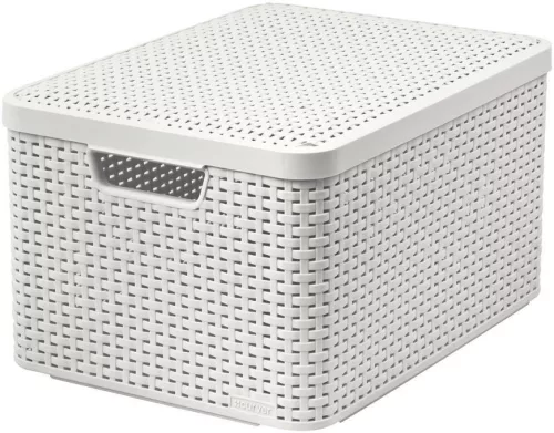 Tárolókosár, Curver Style2 Lid L, krémszínű, 45 x 25 x 33 cm, egymásra rakható, műanyag, rattan hatású, fogantyúkkal, fedeles, szögletes