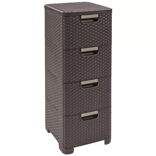Komód, Curver Stylre, sötétbarna, 33 x 79 x 38 cm, 4 fiókos, műanyag, rattan hatású, szögletes