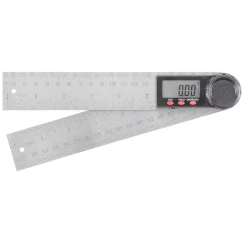 Szögmérő vonalzóval, Strend Pro, ezüst, 20 cm, rozsdamentes acél, digitális kijelzős