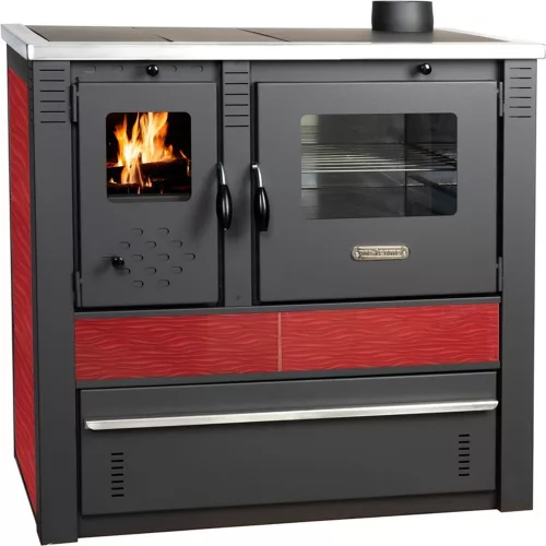 Strend Pro PANONIA fatüzelésű sparhelt, piros, sütővel, 10,54 kW, 51 × 90 × 85 cm, jobb oldali füstcső kimenet, átmérő: 120 mm