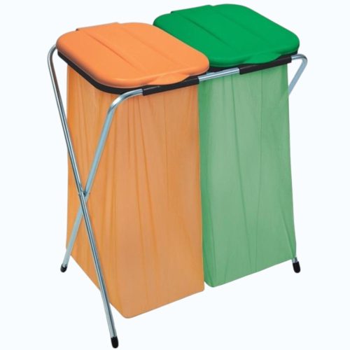 Szemeteszsáktartó állvány, Strend Pro Ecofix-2 Duo, kétzsákos, zsákkapacitás: 20-130 l, horganyzott keret, 66 × 42 × 78 cm, narancssárga + zöld fedél