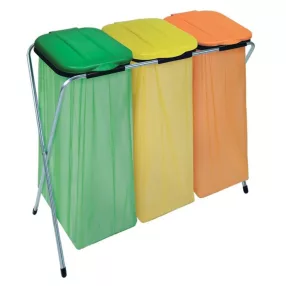   Szemeteszsáktartó állvány, Strend Pro Ecofix-3 Trio, háromzsákos, zsákkapacitás: 20–130 l, horganyzott keret, 96 × 42 × 78 cm, narancssárga + zöld + sárga fedél