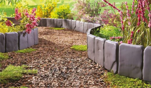 Kerti szegély, Strend Pro Garden, szürke, 25 x 23 cm, összekapcsolható, 250 cm hossz, UV-álló műanyag, kőhatású, 10 panel/csomag