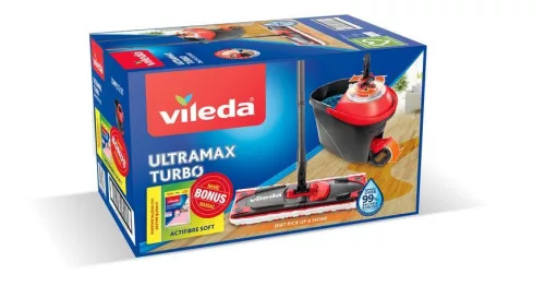 Felmosó szett, Vileda Ultramax Turbo + Actifibre Soft kendő, pedálos vödörrel, 36 × 14 cm fej, háromrészes teleszkópos nyél