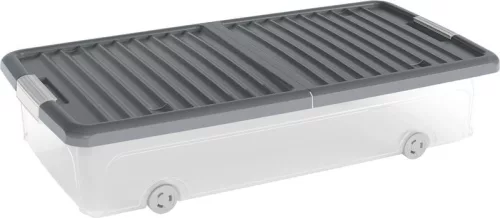 Tárolódoboz, KIS W Box L, sötétszürke, 35 literes, 39 × 79 × 17 cm, fedeles, kerekekkel, ágy alatti