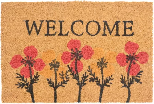 Lábtörlő, MagicHome, Welcome felirat virágokkal, 40 x 60 cm, kókuszrost felület, PVC hátlap, bejárati ajtóhoz