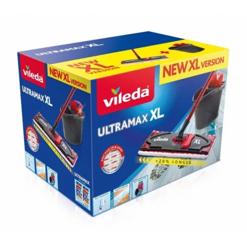 Felmosó szett, Vileda Ultramax XL One Size, piros-szürke, vödörrel és kosárral, 20%-kal hosszabb fejjel, kemény padlóhoz, 60 °C-on mosható