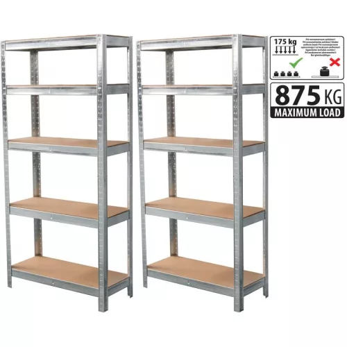 Műhelypolc szett, Strend Pro Racks, 180 x 90 x 30 cm, 5 polcos, acél, MDF polclapok, állítható polcmagasság, teherbírás: 175 kg/polc, 2 db-os szett