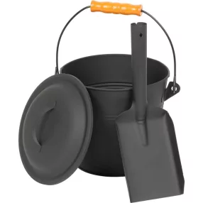   Hamugyűjtő vödör, Strend Pro, fekete, 5,5 l, porszórt acél, hamulapáttal és fedéllel, átmérő: 21,5 cm, magasság: 19,5 cm, kandallóhoz, kályhához és grillhez