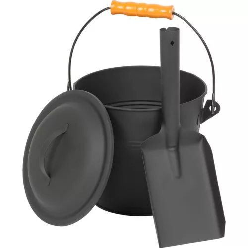 Hamugyűjtő vödör, Strend Pro, fekete, 5,5 l, porszórt acél, hamulapáttal és fedéllel, átmérő: 21,5 cm, magasság: 19,5 cm, kandallóhoz, kályhához és grillhez
