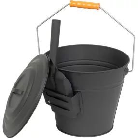   Hamugyűjtő vödör, Strend Pro, fekete, 12 l, porszórt acél, hamulapáttal és fedéllel, átmérő: 30 cm, magasság: 25 cm, kandallóhoz, kályhához és grillhez
