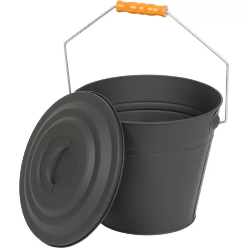 Hamugyűjtő vödör, Strend Pro, fekete, 12 l, porszórt acél, fedéllel, átmérő: 30 cm, magasság: 25 cm, kandallóhoz, kályhához és grillhez
