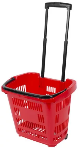Bevásárlókosár, Strend Pro Racks Shopper, piros, 46 × 35,5 × 42 cm, teleszkópos fogantyú, szellős műanyag fal, kerekes