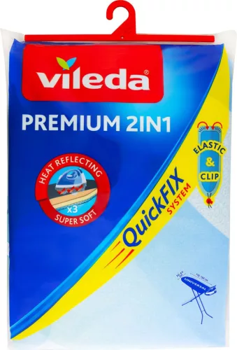 Vileda Premium 2 az 1-ben vasalódeszka huzat, One Size, világoskék, 3 rétegű kivitelben, fémbevonatos felülettel, QuickFix rögzítőrendszerrel
