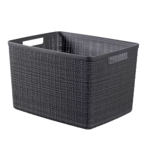   Tárolókosár, Curver Jute L, sötétszürke, 20 literes, 28 x 36 x 23 cm, műanyag, juta hatású, fogantyúkkal, szögletes
