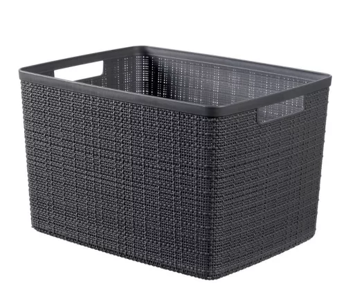 Tárolókosár, Curver Jute L, sötétszürke, 20 literes, 28 x 36 x 23 cm, műanyag, juta hatású, fogantyúkkal, szögletes