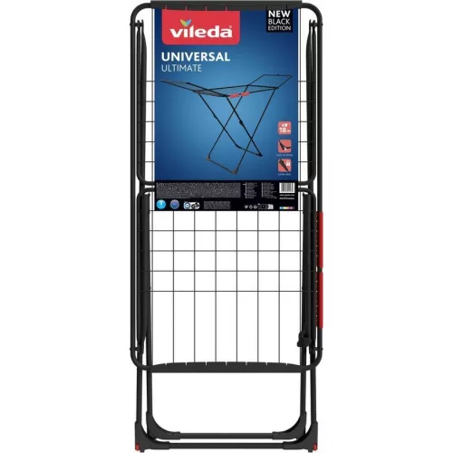 Vileda Universal Ultimate ruhaszárító, 18 méter szárítási terület, fekete, X-alakú vázzal, kinyitható szárnyakkal, összecsukható kialakítással