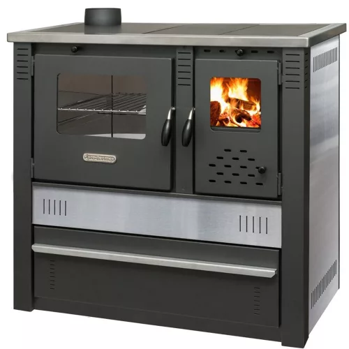 Strend Pro PANONIA fatüzelésű sparhelt, Inox, sütővel, 10,54 kW, 51 × 90 × 85 cm, bal oldali füstcső kimenet, átmérő: 120 mm