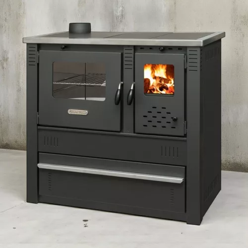 Strend Pro PANONIA fatüzelésű sparhelt, fekete, sütővel, 10,54 kW, 51 × 90 × 85 cm, bal oldali füstcső kimenet, átmérő: 120 mm
