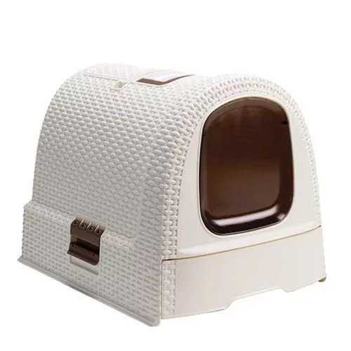 Zárt macska WC, Curver Litterbox Vintage, 51 x 38 x 40 cm, rattan hatású, kihúzható fiókos, szűrős fedél, alomkanállal és alátéttel, hordfüles, UV-álló
