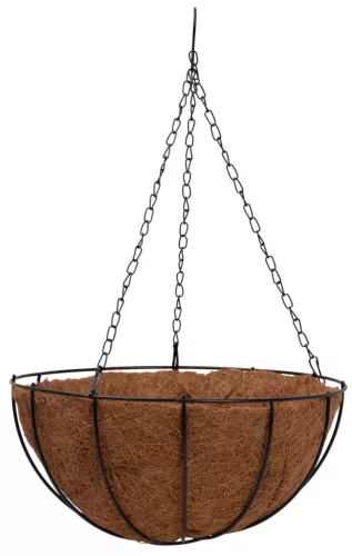Függő virágcserép, Strend Pro Garden LC-CocoH-24, barna/fekete, átmérő: 35 cm, magasság: 17 cm, lánccal és akasztóval, fém, kókuszrost betéttel, kerek