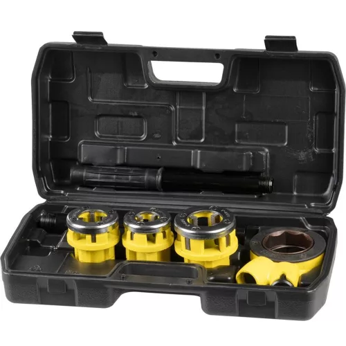 Kézi menetvágó készlet, Strend Pro PP3304.T062, sárga/fekete, 3 db (1/2", 3/4", 1") menetvágó fej, racsnis tokmány, hosszabbítókar