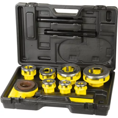 Kézi menetvágó készlet, Strend Pro PP3304.T062, sárga/fekete, 7 db (3/8", 1/2", 3/4", 1", 5/4", 6/4", 2") menetvágó fej, racsnis tokmány, 2 hosszabbítókar