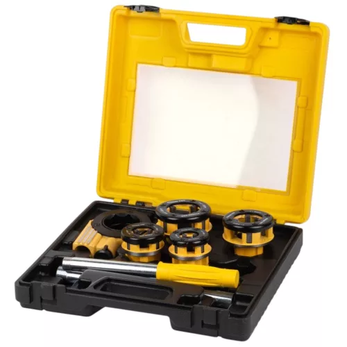 Kézi menetvágó készlet, Strend Pro RDS-8824, sárga/fekete, 4 db (1/2", 3/4", 1", 5/4") menetvágó fej, fogantyú, racsnis tokmány
