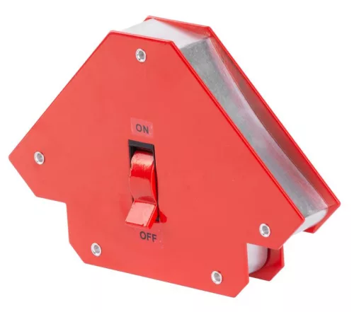 Hegesztő mágnes, Strend Pro QJ6007, piros, 9,5 × 9,5 cm, 12 kg teherbírás, kapcsolóval, 90° szögtartáshoz