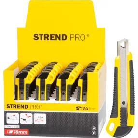   Tapétavágó kés, Strend Pro Ukbox-86-18, sárga/fekete, 18 mm penge, tördelhető, műanyag ház, 24 db-os készlet