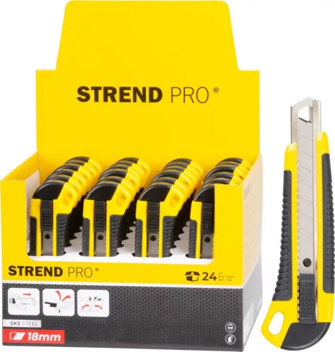 Tapétavágó kés, Strend Pro Ukbox-86-18, sárga/fekete, 18 mm penge, tördelhető, műanyag ház, 24 db-os készlet