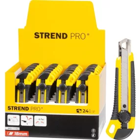   Tapétavágó kés, Strend Pro Ukbox-85-18, sárga/fekete, 18 mm penge, tördelhető, műanyag ház, rögzítőkerék, 24 db-os készlet