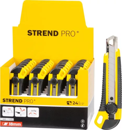 Tapétavágó kés, Strend Pro Ukbox-85-18, sárga/fekete, 18 mm penge, tördelhető, műanyag ház, rögzítőkerék, 24 db-os készlet