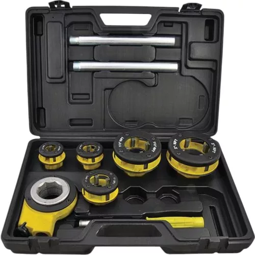 Kézi menetvágó készlet, Strend Pro RDS-8835, sárga/fekete, 5 db (1/2", 3/4", 1", 6/4", 2") menetvágó fej, fogantyú, racsnis tokmány