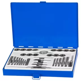   Menetfúró és menetmetsző készlet, Strend Pro SX1436, kék, 33 db, HSS acél, M3–M12 metrikus menetméretek, 1/4"-1/2" UNC menetméretek, 1/8"-1/4" BSP menetméretek