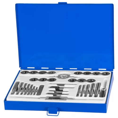 Menetfúró és menetmetsző készlet, Strend Pro SX1436, kék, 33 db, HSS acél, M3–M12 metrikus menetméretek, 1/4"-1/2" UNC menetméretek, 1/8"-1/4" BSP menetméretek