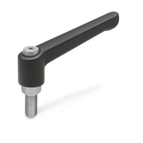 Állítható befogókar, Elesa+Ganter GN 300.1, fekete, 63 mm karhossz, M6 x 20 mm menetes szár, öntvény ház, rozsdamentes acél szár
