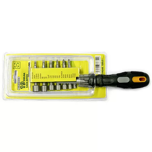 Bit és dugókulcs-készlet, Strend Pro SD0539, 19 db, racsnis csavarhúzó, 12 db bit, 7 db dugókulcs