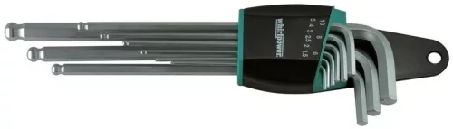 Imbuszkulcs készlet, Whirlpower 158-0109, ezüst, 9 részes, 1,5 - 10 mm, S2 acél, korrózióálló, hosszított, gömbfejes