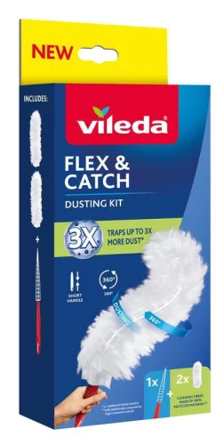 Portörlő, Vileda Flex&Catch, fehér, rövid nyéllel, 2 db pótszállal, flexibilis fej, 360°-os szálborítás, puha bolyhos szálak