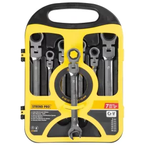   Csillag-villáskulcs-készlet, Strend Pro CSS819, ezüst, 7 részes, 8–19 mm, Cr-V, racsnis, csuklós