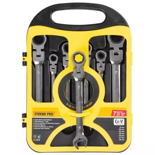 Csillag-villáskulcs-készlet, Strend Pro CSS819, ezüst, 7 részes, 8–19 mm, Cr-V, racsnis, csuklós