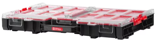 Rendszerező koffer, Qbrick Patrol System One Organizer L, 53,1 × 37,9 × 7,7 cm, fekete, 6 l, 12 rekesz, víz- és porálló tömítés, moduláris, könnyű hozzáférés, átlátszó fedél