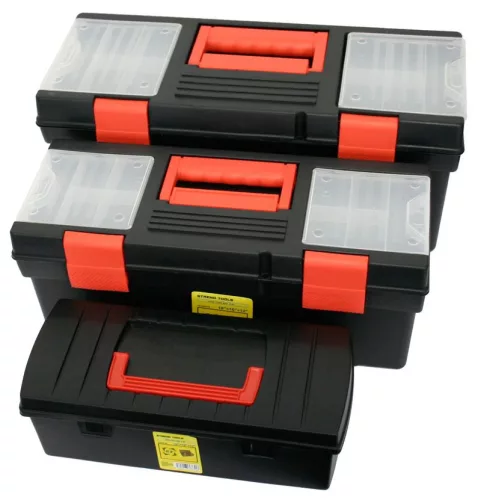 Szerszámosdoboz készlet, Strend Pro HL3035-S6, 45 x 40 x 30 cm, fekete, 3 részes, műanyag, átlátszó fedél, 10-8-5 kg teherbírás