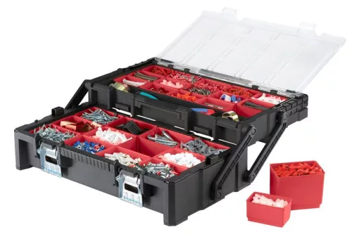Rendszerező láda, Keter Cantilever Organizer 22, 57 x 30 x 16 cm, fekete, 14 l, átlátszó polikarbonát fedél, 27 kivehető rekesz, puha fogantyú