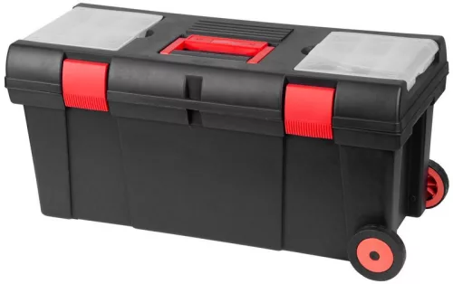 Szerszámosdoboz, Strend Pro HL3050, fekete, kerekes, kihúzható fogantyú, 15 kg teherbírás, átlátszó fedél, PVC, többfunkciós