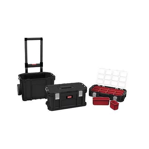 Tárolódoboz készlet, Keter Connect Rolling System, fekete, 3 db, szerszámokhoz