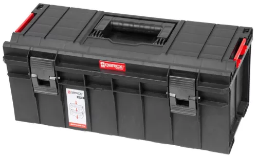 Szerszámosdoboz, Qbrick Patrol System Pro 600 Basic, 54,5 × 27 × 24,6 cm, fekete, 22 l, tömítéssel, fedélbe épített vágásvezetővel, poliamid oldalsó csatlakozókkal