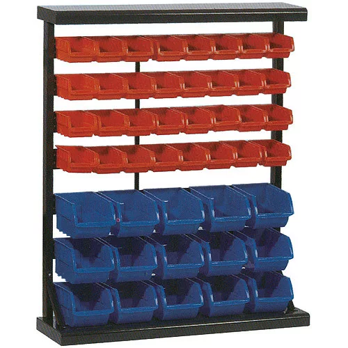 Rendszerező állvány, Strend Pro HL3202, 94 x 30 x 115 cm, fekete, műanyag piros és kék dobozokkal, 47 tárolóhely, 32 kis és 15 nagy doboz