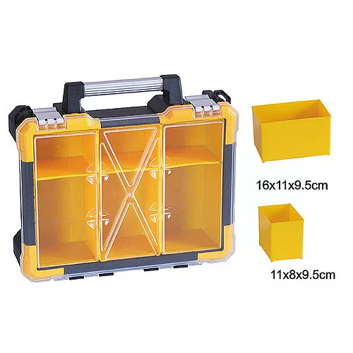 Rendszerező koffer, Strend Pro HL3086-C, 38 x 34 x 11 cm, sárga-fekete, 6 rekesz, 23 kg teherbírás, fogantyús koffer kivitel